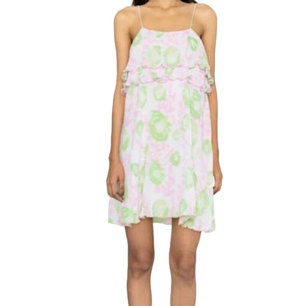 Ganni Dress ruffle trim graphic print pink green size 42 (10 12)